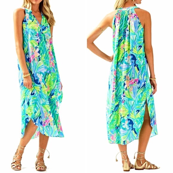 Lilly Pulitzer Dresses & Skirts - Lilly Pulitzer Tropical Leaf Print Midi Dress in Aqua, Lime & Pink